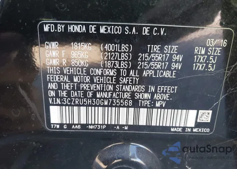 2016 Honda Hr-V Lx из США, поврежденный, VIN 3CZRU5H30GM735568